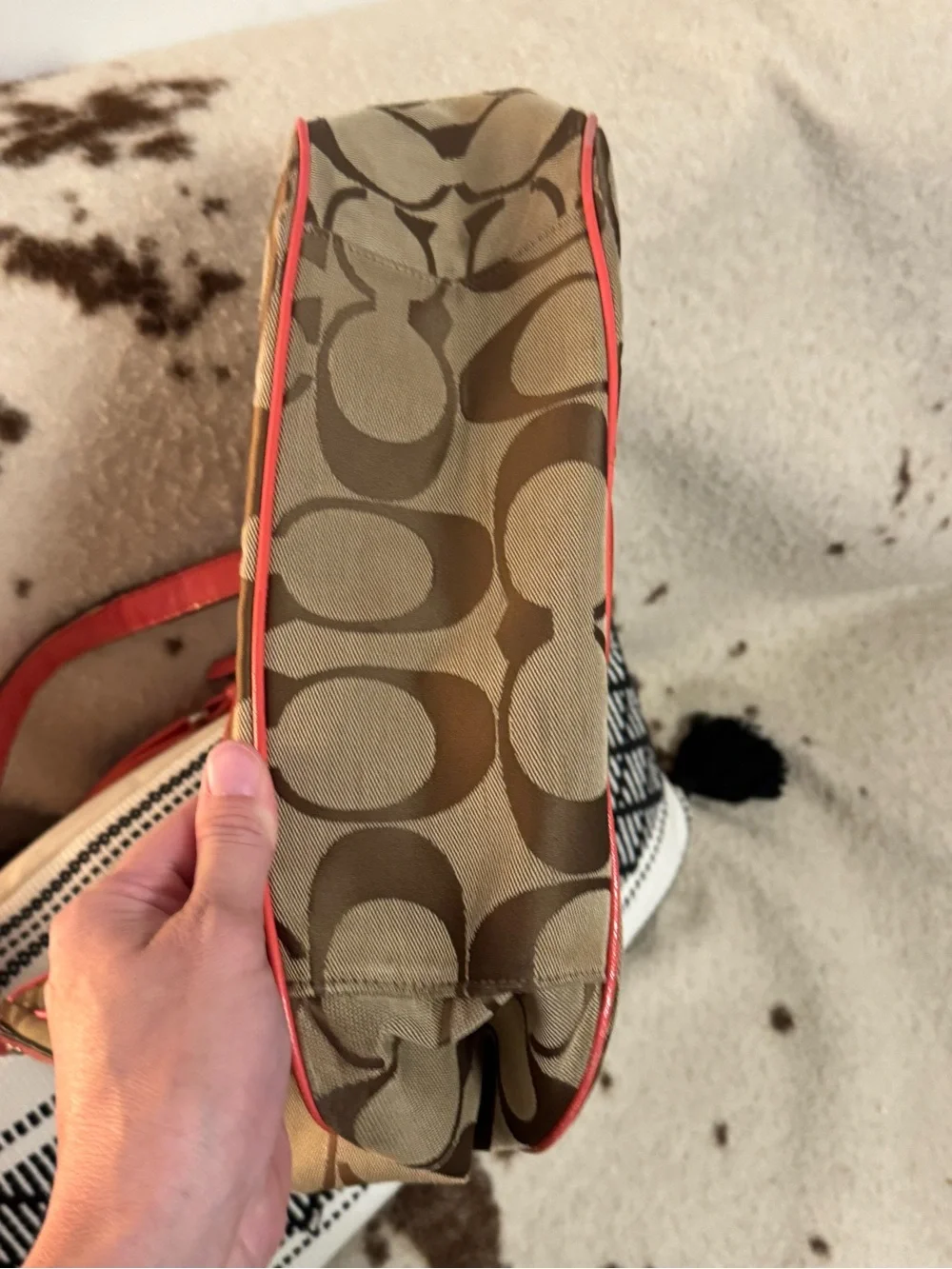 Coach Brown Signature Canvas Shoulder/crosbody Bag with Coral Trim *READ*